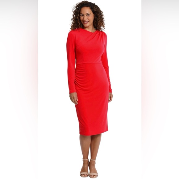 London Times Draped Neckline Slimming Midi Length Jersey Sheath Dress Stretch